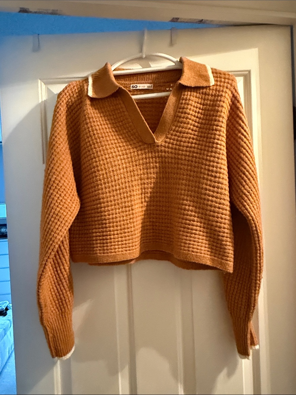 SO Cropped Waffle-Knit V-Neck Sweater